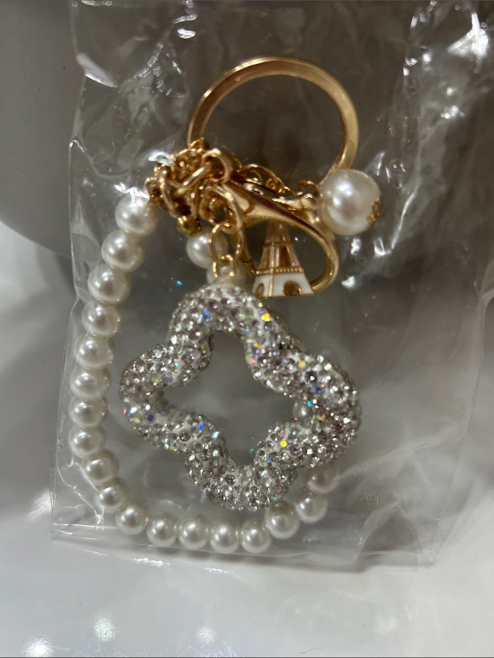 Pearl Beaded Keychain with Sparkling Clover Charm - Gold